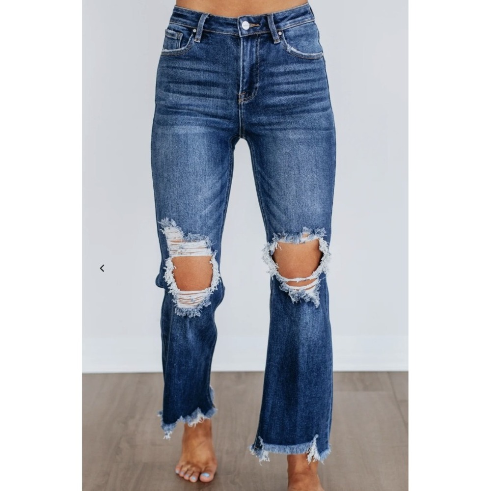 Risen Flare Medium Distressed High Rise Raw Hem Jeans Size 5/27